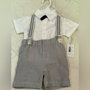 White Shirt with Striped Suspenders and Shorts Set